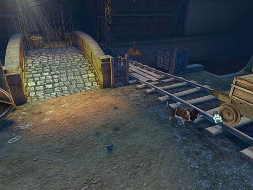 Maszeruj nim do stojącej na nim zapakowanej skrzynkami drewnianej platformy na kółkach - Przedostań się za bramę | Wypadek w doku przy Stinging Street - Testament Sherlocka Holmesa - poradnik do gry