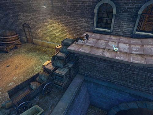 Po stojącym na prawo od nich wozie wejdź na stertę skrzynek (wyjątkowo kursor ma tu kształt fajki), a z niej na kamienny podest po prawej - Dostań się do kolejnego budynku | Wypadek w doku przy Stinging Street - Testament Sherlocka Holmesa - poradnik do gry