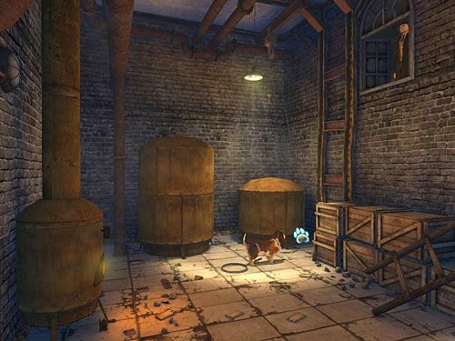 Stojąc przed drzwiami znajdującymi się pomiędzy dwoma piecami, skieruj się w prawo i pociągnij za linę przyczepioną do czegoś w rodzaju niewysokiej kadzi obok czegoś w rodzaju drabiny - Dostań się do kolejnego budynku | Wypadek w doku przy Stinging Street - Testament Sherlocka Holmesa - poradnik do gry