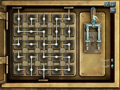 Pojawi się plansza, na której musisz spowodować zwarcie, czyli połączyć ze sobą te metalowe elementy, które mają odprowadzenia do blaszek w obudowie (dwu u góry i jednej na dole) - Pozbądź się sekretarki | Wizyta w biurze O. Farleya - Testament Sherlocka Holmesa - poradnik do gry