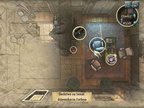 Następnie kliknij podobnie zaznaczony stojący krzywo fotel - Czwarta tabela dedukcyjna | Wizyta w biurze O. Farleya - Testament Sherlocka Holmesa - poradnik do gry