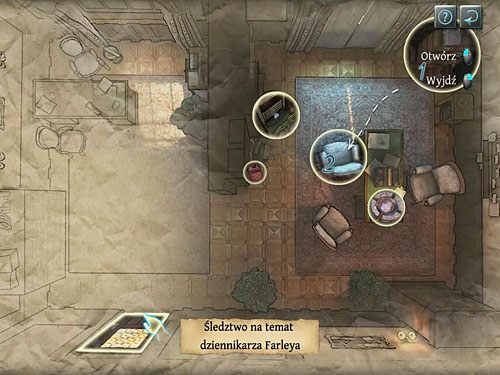 Teraz kliknij drzwi wyjściowe (w dole po lewej) - Czwarta tabela dedukcyjna | Wizyta w biurze O. Farleya - Testament Sherlocka Holmesa - poradnik do gry
