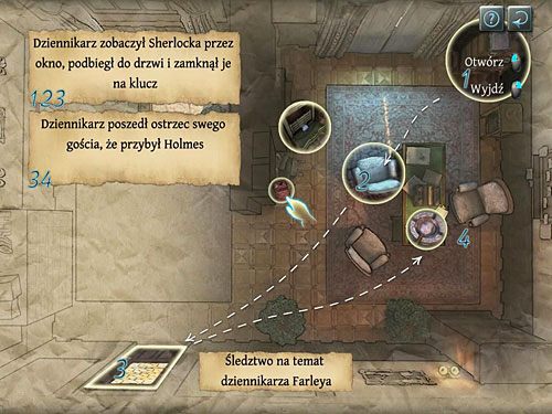 Po kliknięciu leżącej na podłodze książki wybierz - Czwarta tabela dedukcyjna | Wizyta w biurze O. Farleya - Testament Sherlocka Holmesa - poradnik do gry