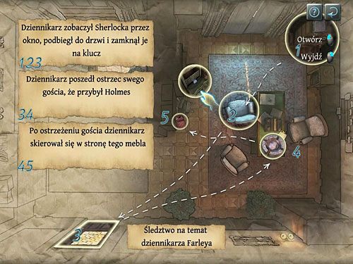 Po kliknięciu kartki na popielniku kominka zaznacz - Czwarta tabela dedukcyjna | Wizyta w biurze O. Farleya - Testament Sherlocka Holmesa - poradnik do gry