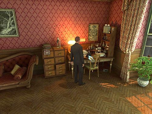Wybierz na mapie 221B Baker Street (lupka u góry po lewej), a po powrocie do domu połóż kapelusz na stoliku laboratoryjnym Holmesa (uaktywnij kapelusz w ekwipunku i kliknij stolik), po czym zbadaj go (kliknij kapelusz na stoliku) - Ustal tożsamość tajemniczego gościa Farleya | Wizyta w biurze O. Farleya - Testament Sherlocka Holmesa - poradnik do gry