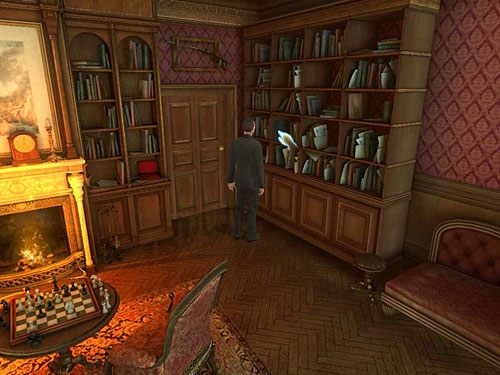 Podejdź do biblioteczki po prawej i wyjmij z niej aktówkę z życiorysami sędziów - Ustal tożsamość tajemniczego gościa Farleya | Wizyta w biurze O. Farleya - Testament Sherlocka Holmesa - poradnik do gry