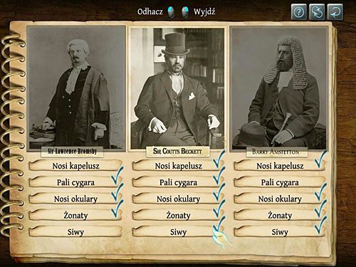 Pojawi się plansza z fotografiami trzech wytypowanych przez Sherlocka sędziów - Ustal tożsamość tajemniczego gościa Farleya | Wizyta w biurze O. Farleya - Testament Sherlocka Holmesa - poradnik do gry