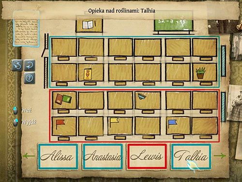 U dołu planszy widnieją etykiety z imionami dzieci - Zlokalizuj ławkę Jamesa i otwórz szafę | Eksplozja w posiadłości sędziego Becketta - Testament Sherlocka Holmesa - poradnik do gry