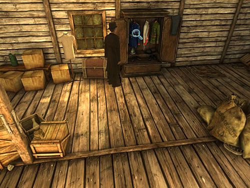 Jako Sherlock zrób parę kroków przed siebie i zauważ przy ścianie otwartą szafę z wiszącymi w niej paradnymi mundurami - Rozejrzyj się po poddaszu | Pożar w młynie - Testament Sherlocka Holmesa - poradnik do gry