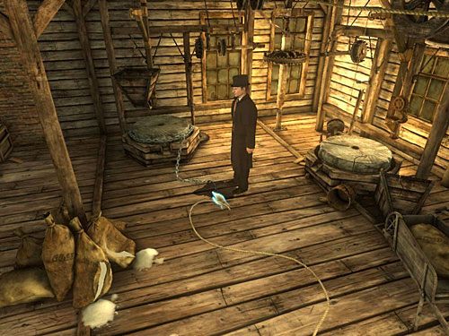 Jego końcówkę połącz z drugim końcem liny - Rozwal fałszywą ścianę (1); Znajdź brakującą zębatkę | Pożar w młynie - Testament Sherlocka Holmesa - poradnik do gry