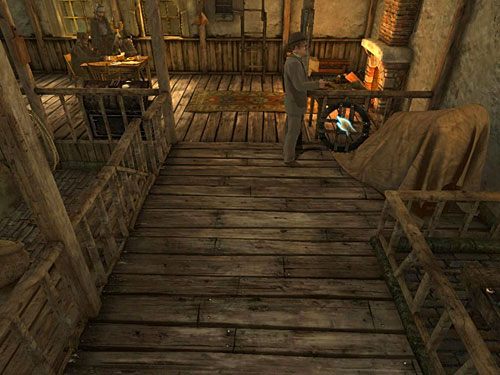 Przełącz się na Watsona i zlokalizuj jeszcze jedno koło zębate przy barierce na prawo od kominka, ale od strony drzwi wyjściowych - Rozwal fałszywą ścianę (2) | Pożar w młynie - Testament Sherlocka Holmesa - poradnik do gry