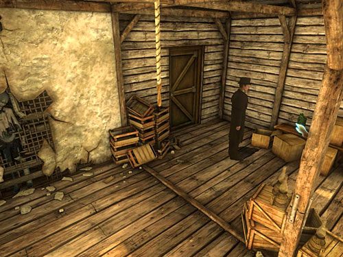 Następnie podejdź do drzwi wyjściowych z poddasza i ze stojącej obok nich ławy weź naczynie z naftą do lamp - Rozwal fałszywą ścianę (2) | Pożar w młynie - Testament Sherlocka Holmesa - poradnik do gry