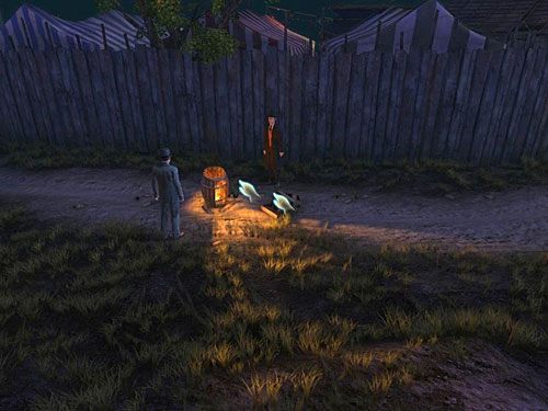 Wędruj piaszczystą drogą dalej (w lewo), a natrafisz na beczkę, w której pali się ogień - Uruchom kolejkę linową | Finał w opuszczonym lunaparku - Testament Sherlocka Holmesa - poradnik do gry