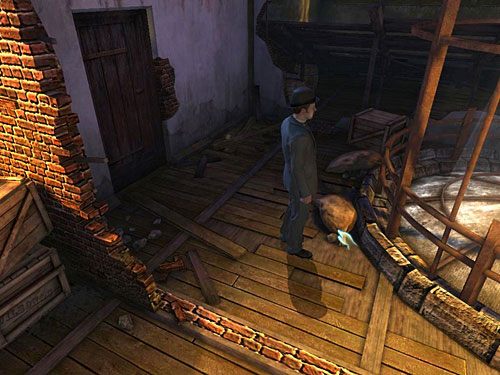 Przyjrzyj się leżącemu z lewej strony zbiornika workowi z gruzem, z którego odwiąż kawałek liny - Dowiedz się, co odbywa się w magazynie | Finał w opuszczonym lunaparku - Testament Sherlocka Holmesa - poradnik do gry