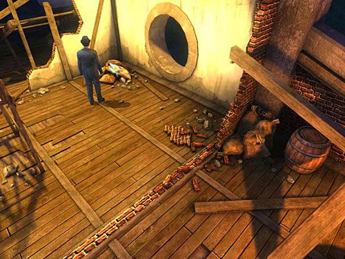 Przejdź dachem na prawo od zbiornika i przy kolejnych workach (przy wielkim okrągłym otworze w białej ścianie) zlokalizuj następny kawałek liny - Dowiedz się, co odbywa się w magazynie | Finał w opuszczonym lunaparku - Testament Sherlocka Holmesa - poradnik do gry