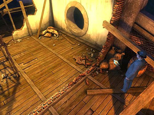 Jeszcze jeden kawałek liny znajdziesz na workach stojących obok beczki (na prawo od okrągłego otworu) - Dowiedz się, co odbywa się w magazynie | Finał w opuszczonym lunaparku - Testament Sherlocka Holmesa - poradnik do gry