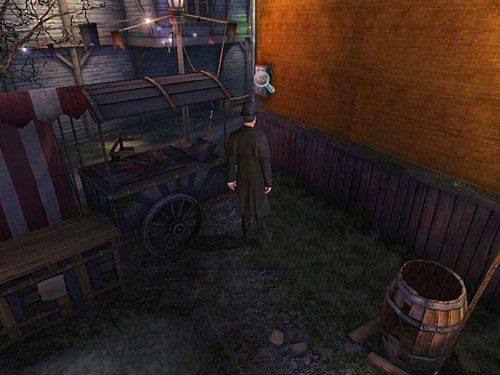 Przy okazji zwróć uwagę na umiejscowioną z brzegu budynku skrzynkę telefoniczną, od której biegnie kabel do odległego domostwa - Otwórz tajną skrytkę właściciela strzelnicy | Finał w opuszczonym lunaparku - Testament Sherlocka Holmesa - poradnik do gry