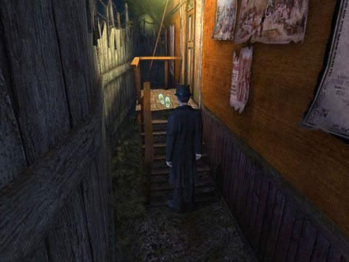 Podejdź do baraku po prawej i wąskim przejściem pomiędzy nim a płotem (z jego lewej strony) dotrzyj pod schodki, u szczytu których znajdują się drzwi - Pozbądź się pierwszego strażnika | Finał w opuszczonym lunaparku - Testament Sherlocka Holmesa - poradnik do gry