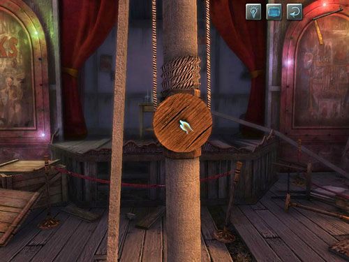 W zbliżeniu obadaj okrągły drewniany bloczek linowy i do otworu w nim doczep korbę - Unieszkodliw drugiego strażnika | Finał w opuszczonym lunaparku - Testament Sherlocka Holmesa - poradnik do gry