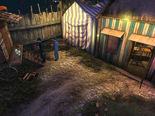 Oczywiście najbardziej interesująca jest ta zielona (pierwsza od prawej), gdyż z jej komina wydobywa się dym - Zlokalizuj anarchistów | Finał w opuszczonym lunaparku - Testament Sherlocka Holmesa - poradnik do gry