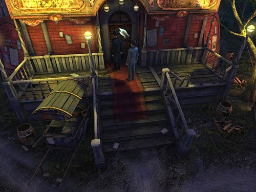 Wejdź po nich i maszeruj do czerwonego budynku z zieloną werandą (na wprost) po drugiej stronie owalnego placu - Zlokalizuj anarchistów | Finał w opuszczonym lunaparku - Testament Sherlocka Holmesa - poradnik do gry