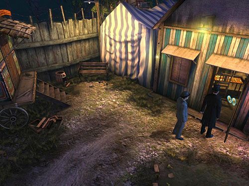Zajrzyj do namiotu w biało-zielone pasy (na wprost wejścia do lokum anarchistów) - Wywab anarchistów z przyczepy | Finał w opuszczonym lunaparku - Testament Sherlocka Holmesa - poradnik do gry
