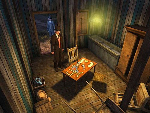 Rzuć okiem na karty do gry na stole i baterię wódki w skrzynce przy ścianie - Wywab anarchistów z przyczepy | Finał w opuszczonym lunaparku - Testament Sherlocka Holmesa - poradnik do gry