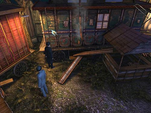 Opuść przyczepę i zainteresuj się wiszącą na jej bocznej ścianie drabiną - przytrzymuje ją tylko pręt - Dostań się do Nawiedzonego Domu | Finał w opuszczonym lunaparku - Testament Sherlocka Holmesa - poradnik do gry