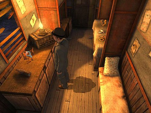 Wejdź dalej do przyczepy i zauważ rzeźbione przez jednego z braci drewniane figurki na drugiej niskiej szafce - Dostań się do warsztatu anarchistów | Finał w opuszczonym lunaparku - Testament Sherlocka Holmesa - poradnik do gry