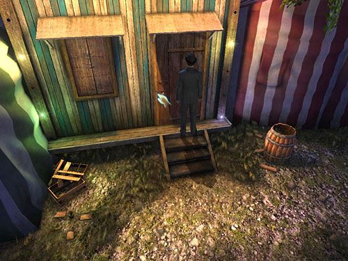 W trzeciej z przyczep nie masz czego szukać, wędruj zatem do mieszczącego się za nią baraku w biało-zielone pasy - Dostań się do warsztatu anarchistów | Finał w opuszczonym lunaparku - Testament Sherlocka Holmesa - poradnik do gry