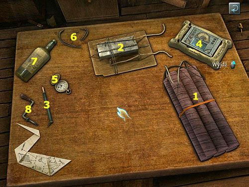 Zgodnie ze schematem weź laski dynamitu (1) i połóż je w centrum stołu - Zrób bombę | Finał w opuszczonym lunaparku - Testament Sherlocka Holmesa - poradnik do gry