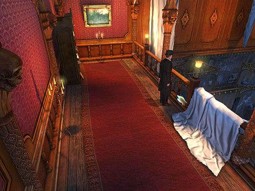 Kliknij dolną część szczebla w balustradzie po lewej - dowiesz się, że jeśli Holmes przyczepi do niego linę, będzie mógł po niej zejść - Dostań się na drugą stronę galerii | Finał w opuszczonym lunaparku - Testament Sherlocka Holmesa - poradnik do gry