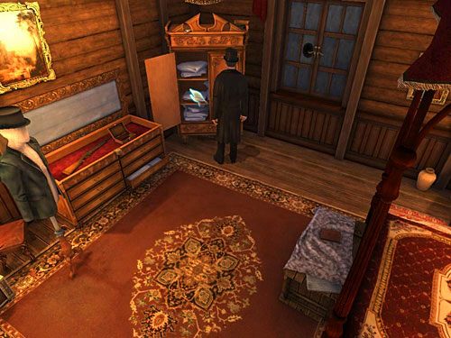 Zatem wróć na chwilę do sypialni profesora i ze stojącej przy oknie szafy zabierz dwa prześcieradła - Dostań się na drugą stronę galerii | Finał w opuszczonym lunaparku - Testament Sherlocka Holmesa - poradnik do gry