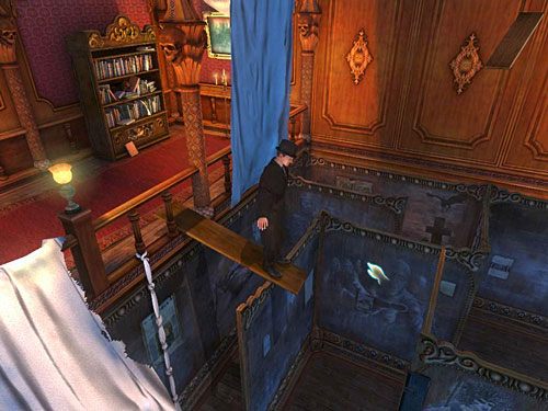 Stojąc na niej, z uaktywnionym zestawem desek w ekwipunku, kliknij najbliższą ściankę działową (czasem punkty, w których należy kliknąć, znajdują się w co najmniej dziwnych miejscach, niemniej nie przeszkadza to Holmesowi w tworzeniu pomostu), by Sherlock oparł o nią drugą deskę - Dostań się na drugą stronę galerii | Finał w opuszczonym lunaparku - Testament Sherlocka Holmesa - poradnik do gry