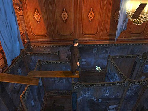 Wejdź na nią i kliknij następną ściankę, by Holmes oparł o nią trzecią deskę - pamiętaj, by przemieszczać po nich Sherlocka kursorem w kształcie fajki, kliknięcie ręką spowoduje, że położoną przed chwilą deskę bohater zabierze z powrotem - Dostań się na drugą stronę galerii | Finał w opuszczonym lunaparku - Testament Sherlocka Holmesa - poradnik do gry