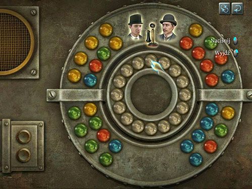 Pojawi się plansza zagadki, na której - klikając znajdujące się wewnątrz szare kulki - masz sprawić, że kulki na obrzeżu zaświecą się - Skontaktuj się ze Scotland Yardem; Rozwiąż kwestię bomb | Finał w opuszczonym lunaparku - Testament Sherlocka Holmesa - poradnik do gry