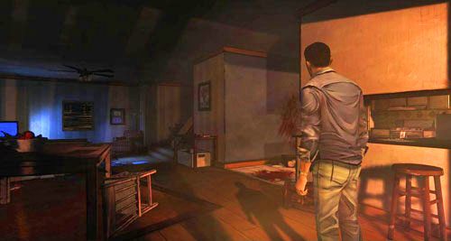 Niedaleko szklanych drzwi możesz zerknąć na kosz z owocami na stole przy ekranie (Look At: Bowl of Fruit), kałużę krwi na podłodze przy wejściu do kuchni (Look At: Pool of Blood) i kolorowankę po prawej na blacie (Look At: Coloring Book) - 2 - Adventures in Babysitting | Epizod I - A New Day | Solucja The Walking Dead - The Walking Dead - poradnik do gry