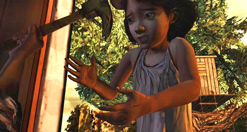 (5) Jak najszybciej umieść kursor na stojącej za szybą Clementione i prędko weź od niej młotek - 2 - Adventures in Babysitting | Epizod I - A New Day | Solucja The Walking Dead - The Walking Dead - poradnik do gry