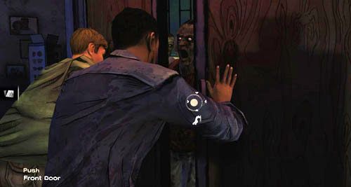 Kiedy tylko odzyskasz kontrolę nad postacią, po prostu popchnij drzwi, aby je zamknąć (Push: Front Door) - 7 - Two Enter, One Leaves | Epizod I - A New Day | Solucja The Walking Dead - The Walking Dead - poradnik do gry