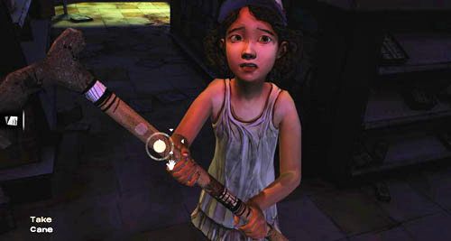 Po chwili Clementine przybiegnie do ciebie z laską należącą do twojego zmarłego ojca - 7 - Two Enter, One Leaves | Epizod I - A New Day | Solucja The Walking Dead - The Walking Dead - poradnik do gry