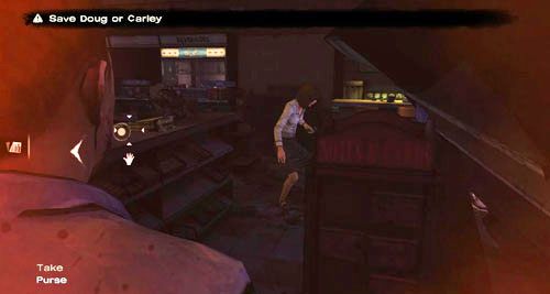 Aby to zrobić, spójrz w prawo, szybko podbiegnij do torebki Carley, w której jest amunicja (Take: Purse) - 7 - Two Enter, One Leaves | Epizod I - A New Day | Solucja The Walking Dead - The Walking Dead - poradnik do gry