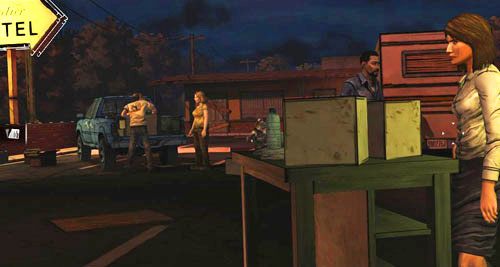 Następnie udaj się w stronę ekranu i w prawo, aby spotkać się z Carley lub Dougiem - obecność danej osoby zależy oczywiście od tego, czy pospieszyłeś jej na ratunek - 7 - Two Enter, One Leaves | Epizod I - A New Day | Solucja The Walking Dead - The Walking Dead - poradnik do gry