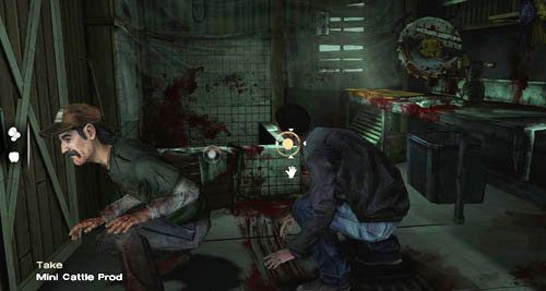 Jeśli pójdziesz do przodu, będziesz mógł zerknąć na zakrwawioną wannę (Look At: Bloody Tub), wziąć leżący na niej oścień (Take: Mini Cattle Prod) lub porozmawiać z Kennym - 6 - Taking Charlotte | Epizod II - Starved for Help | Solucja The Walking Dead - The Walking Dead - poradnik do gry