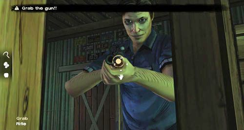 (1) Jeśli wyjrzysz po raz drugi (lub po raz pierwszy, jeśli za długo czekałeś), zobaczysz Dannyego z wycelowaną w twoją głowę bronią - 6 - Taking Charlotte | Epizod II - Starved for Help | Solucja The Walking Dead - The Walking Dead - poradnik do gry