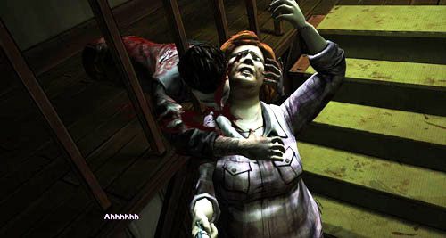 Podsumowując - idź przed siebie, zatrzymuj się, kiedy Brenda w ciebie wceluje, a potem wybieraj pokojową odpowiedź - 6 - Taking Charlotte | Epizod II - Starved for Help | Solucja The Walking Dead - The Walking Dead - poradnik do gry