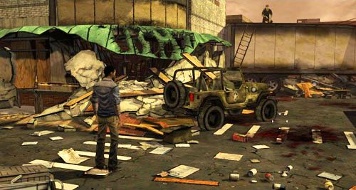 Choć możesz próbować wspiąć się na przyczepę po drabinie po lewej (Climb: Ladder) lub po wraku samochodu po prawej (Climb On: Wrecked Car), żadna z tych rzeczy się nie powiedzie - 1 - Goodbye, She Quietly Says | Epizod III - Long Road Ahead | The Walking Dead - The Walking Dead - poradnik do gry