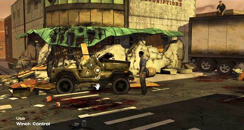 Wracaj do jeepa i spójrz na przycisk obsługi linki (Look At: Winch Control) - 1 - Goodbye, She Quietly Says | Epizod III - Long Road Ahead | The Walking Dead - The Walking Dead - poradnik do gry