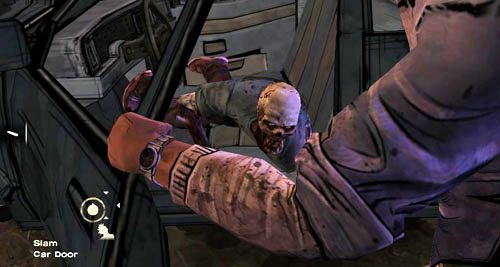Po animacji ponownie spójrz na drzwi samochodu (Look At: Car Door), a potem je otwórz (Open: Car Door) - 4 - What now? | Epizod III - Long Road Ahead | Solucja The Walking Dead - The Walking Dead - poradnik do gry