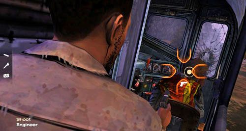 Otwórz drzwi wybrawszy pistolet lub jeden z trzech ciężkich przyrządów, a potem uderz (Hit: Engineer) lub strzel w mechanika (Shoot: Engineer) - 4 - What now? | Epizod III - Long Road Ahead | Solucja The Walking Dead - The Walking Dead - poradnik do gry