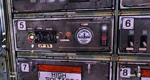 Na panelu z liczbą 6 od lewej: zostaw dwie małe dźwignie, przesuń dwie duże (Toggle: Switch Bank), a potem przesuń w górę trzecią i pierwszą od prawej (Toggle: Switch) - 4 - What now? | Epizod III - Long Road Ahead | Solucja The Walking Dead - The Walking Dead - poradnik do gry